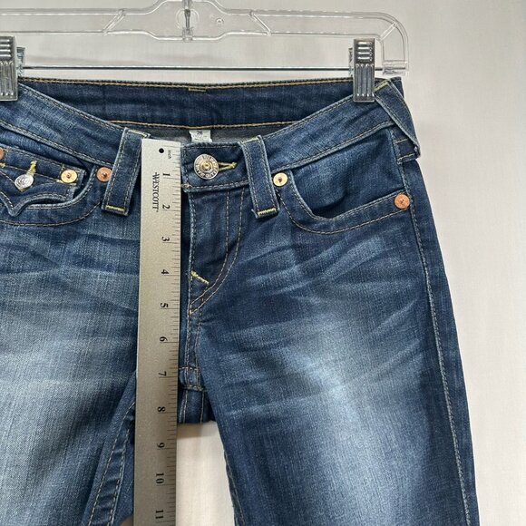 True Religion Slim Straight Jeans Womens 26  Low Rise Flap Pockets Stretch Blue - Picture 9 of 13